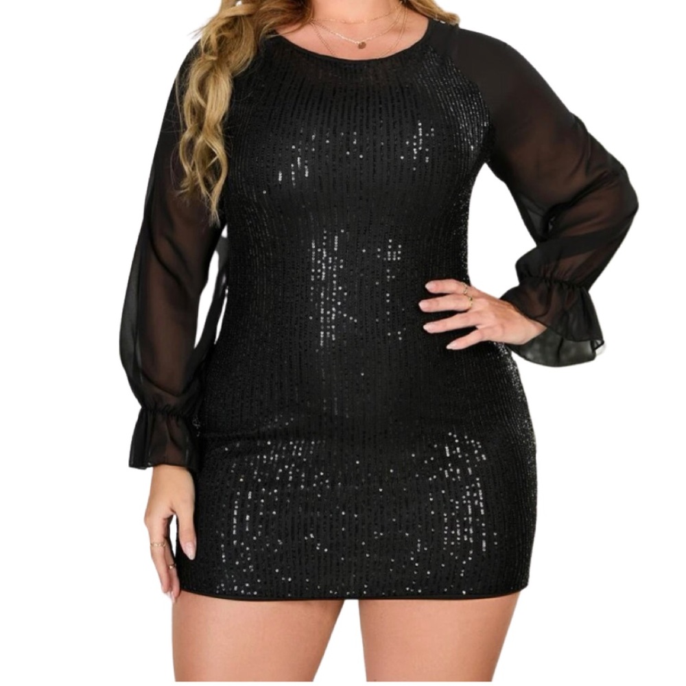 Sheer Flounce Sleeve Sequin Party Dress